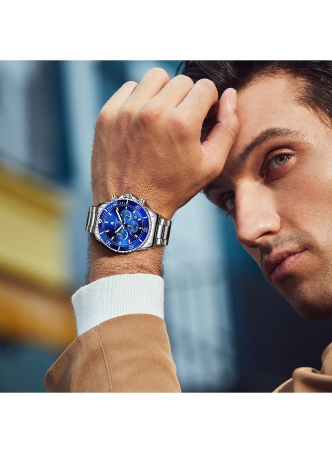 سافيرو ساعة سابفيرو كرونوغراف رجالية من الفولاذ المقاوم للصدأ، مقاومة للماء حتى عمق 50 مترًا، ساعة كوارتز تناظرية مع عرض التاريخ، ساعة كلاسيكية فاخرة وأنيقة، هدية مثالية للرجال. - Image 2